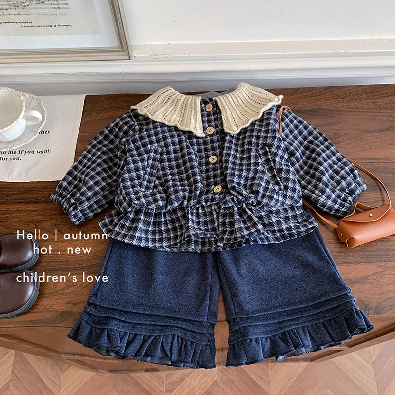 Girls' suit, spring and autumn 2025 new foreign-style baby girl fashionable plaid top, bottoming casual pants three-piece set