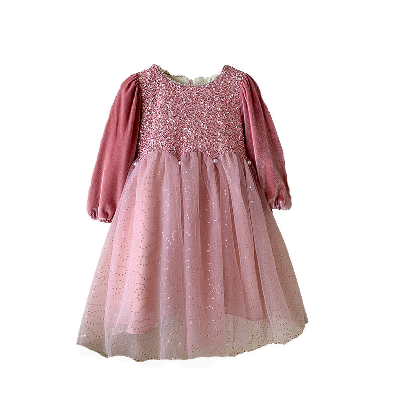 Korean version 2025 winter velvet mesh splicing long-sleeved dress pink sequined princess dress birthday dress dress dress