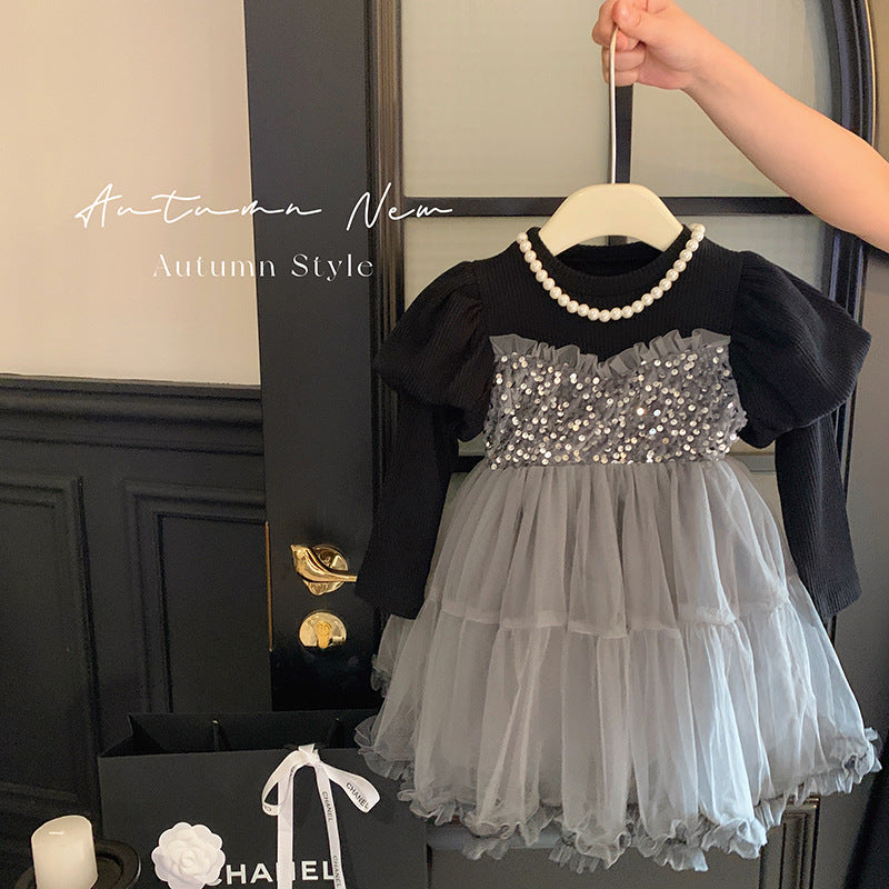 韩版童装女童秋季连衣裙儿童高级感网纱公主裙小女孩灰色礼服裙