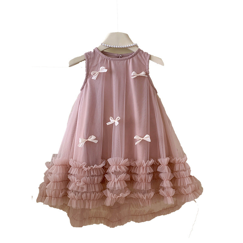 Girls' sleeveless three-dimensional bow mesh skirt