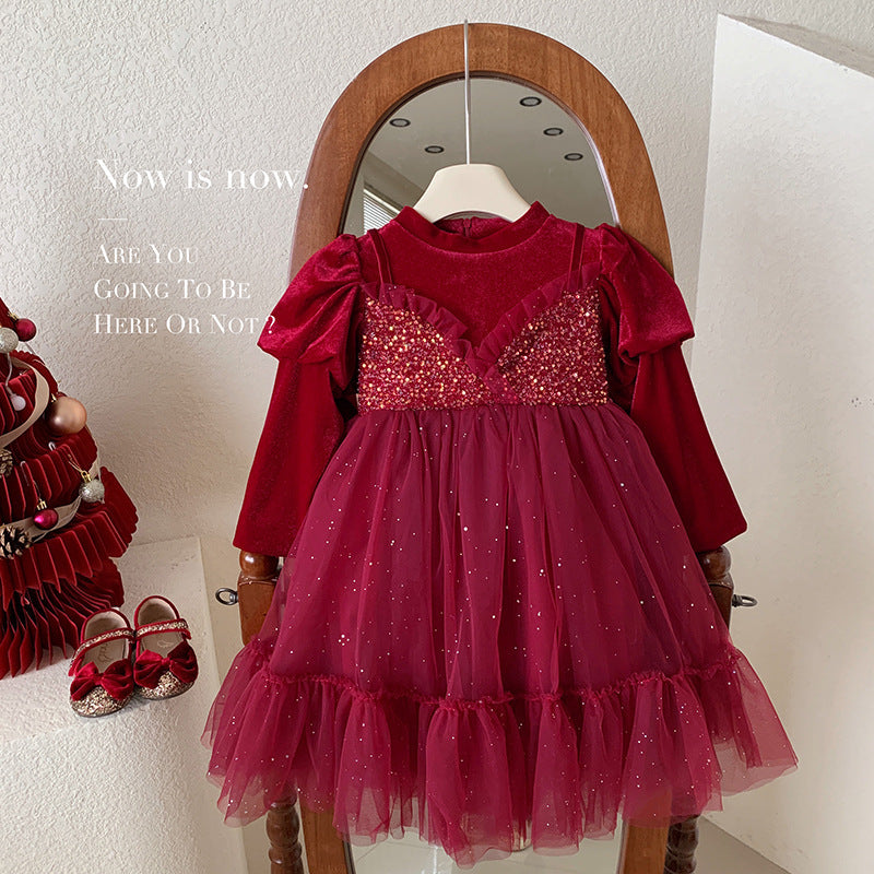 Girls dress Korean version winter children's foreign style velvet princess dress girls velvet red new year dress skirt