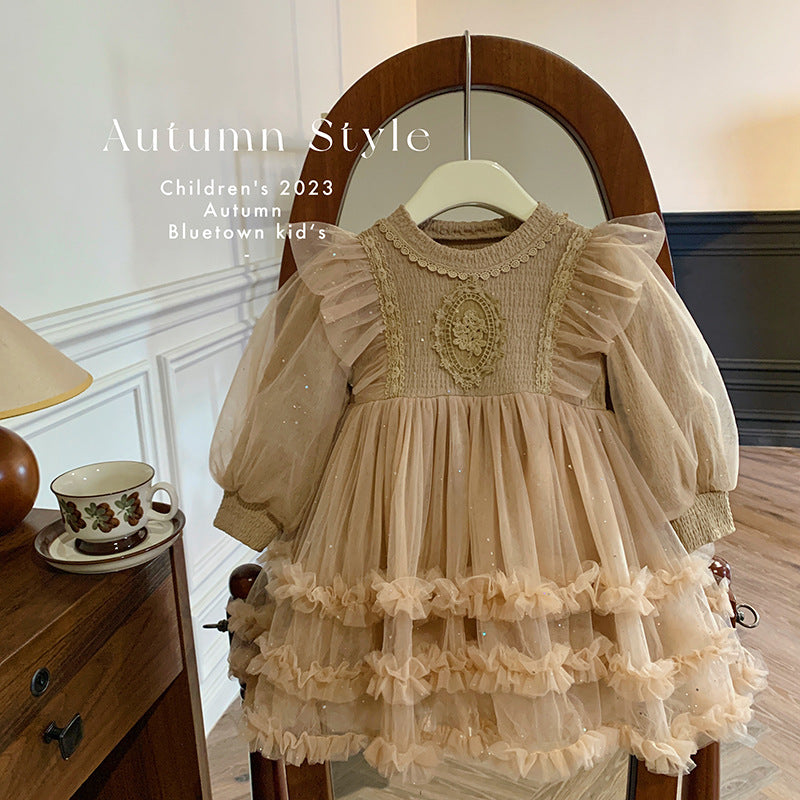 Girls mesh dress 2025 new autumn and winter velvet girls foreign fashion skirt girls baby children autumn clothes