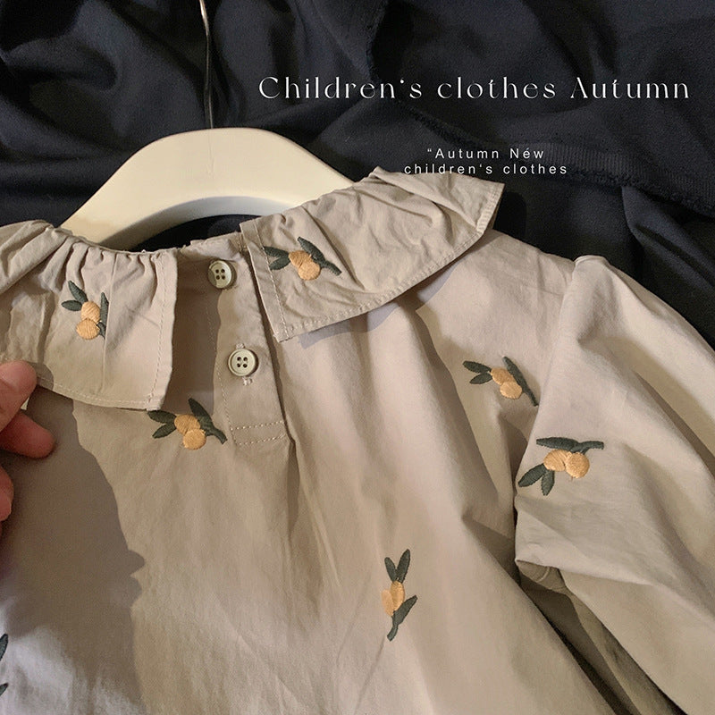 Korean version of children's clothing girls' suit 2025 spring children's foreign style retro embroidered lotus leaf collar shirt pleated strap skirt