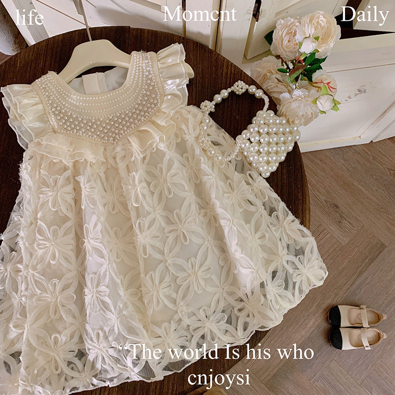 Girls dress 2024 summer new girls vest skirt little girl foreign princess hollow flower skirt