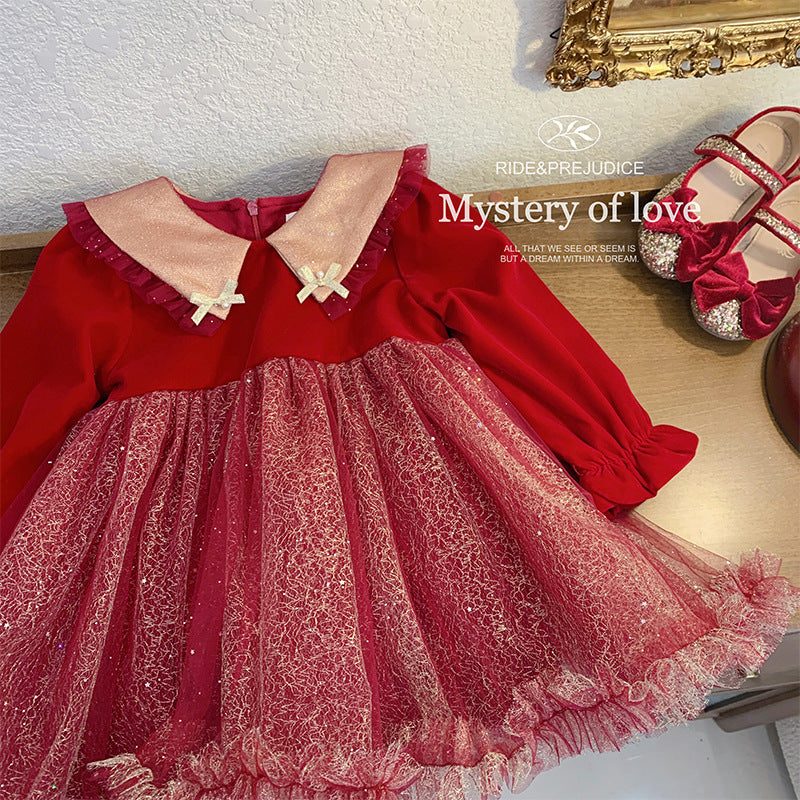 Girls dress autumn and winter new 2025 children's red new year dress skirt girl baby fluffy yarn princess dress