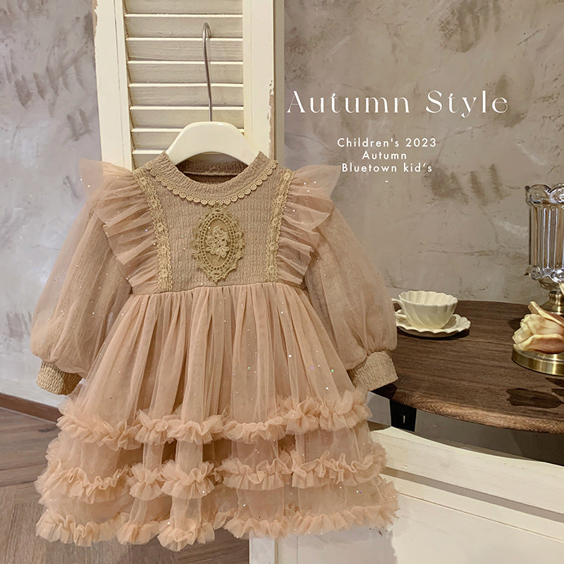 Girls mesh dress 2025 new autumn and winter velvet girls foreign fashion skirt girls baby children autumn clothes