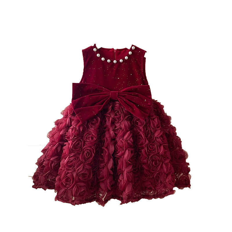 Winter children's velvet dress vest skirt baby foreign style velvet red princess skirt