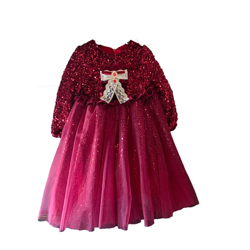 Girls dress winter 2025 new velvet christmas new year sequined princess gauze dress foreign fashion dress dress