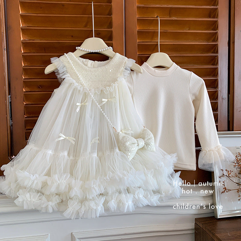 Foreign baby girl bottoming top sleeveless bow puffy dress two-piece set