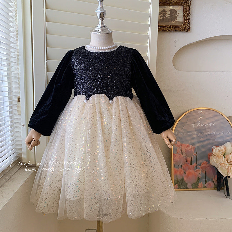 Korean version 2025 winter velvet mesh splicing long-sleeved dress pink sequined princess dress birthday dress dress dress