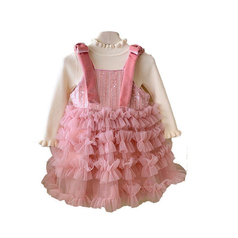 Girls fleece suspender dress winter new sweet girls mesh puffy princess dress without fleece sweater