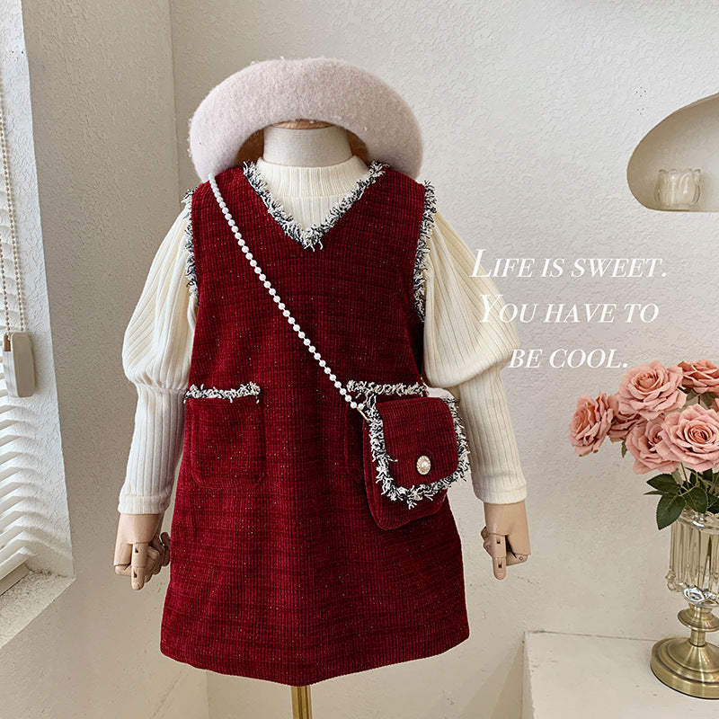 Girls' suit, velvet and thicker 2025 new Korean version of baby girl bubble sleeves, Xiaoxiangfeng princess skirt two-piece set