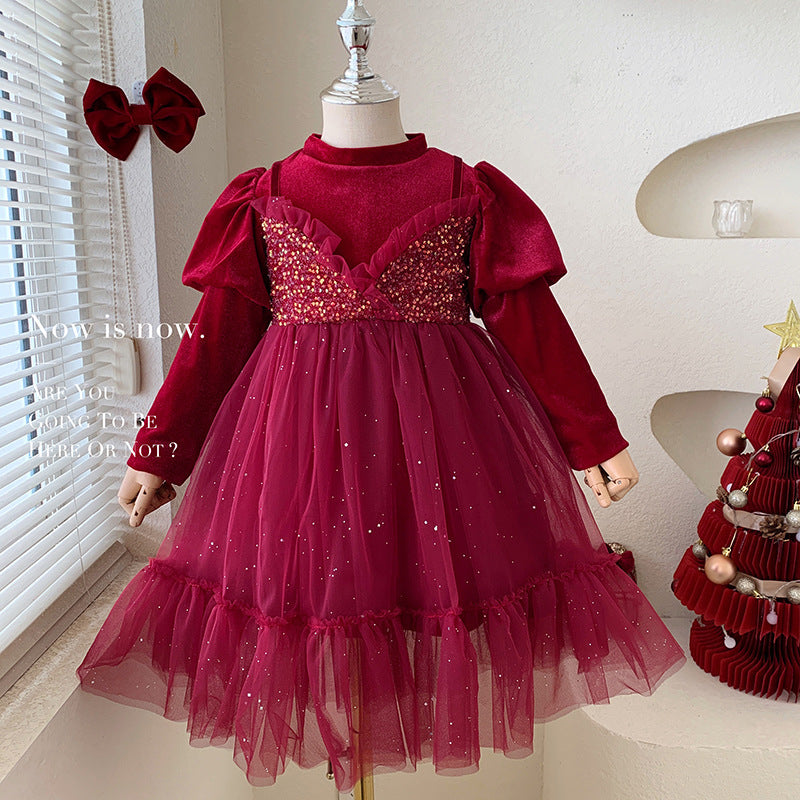Girls dress Korean version winter children's foreign style velvet princess dress girls velvet red new year dress skirt