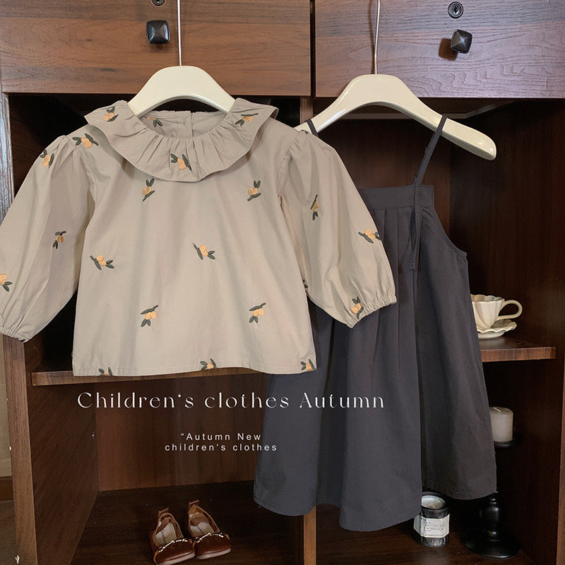 Korean version of children's clothing girls' suit 2025 spring children's foreign style retro embroidered lotus leaf collar shirt pleated strap skirt