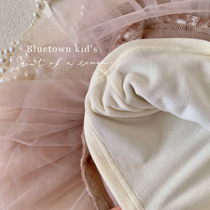 Autumn and winter children's velvet birthday dress baby girl winter dress fluffy yarn princess dress