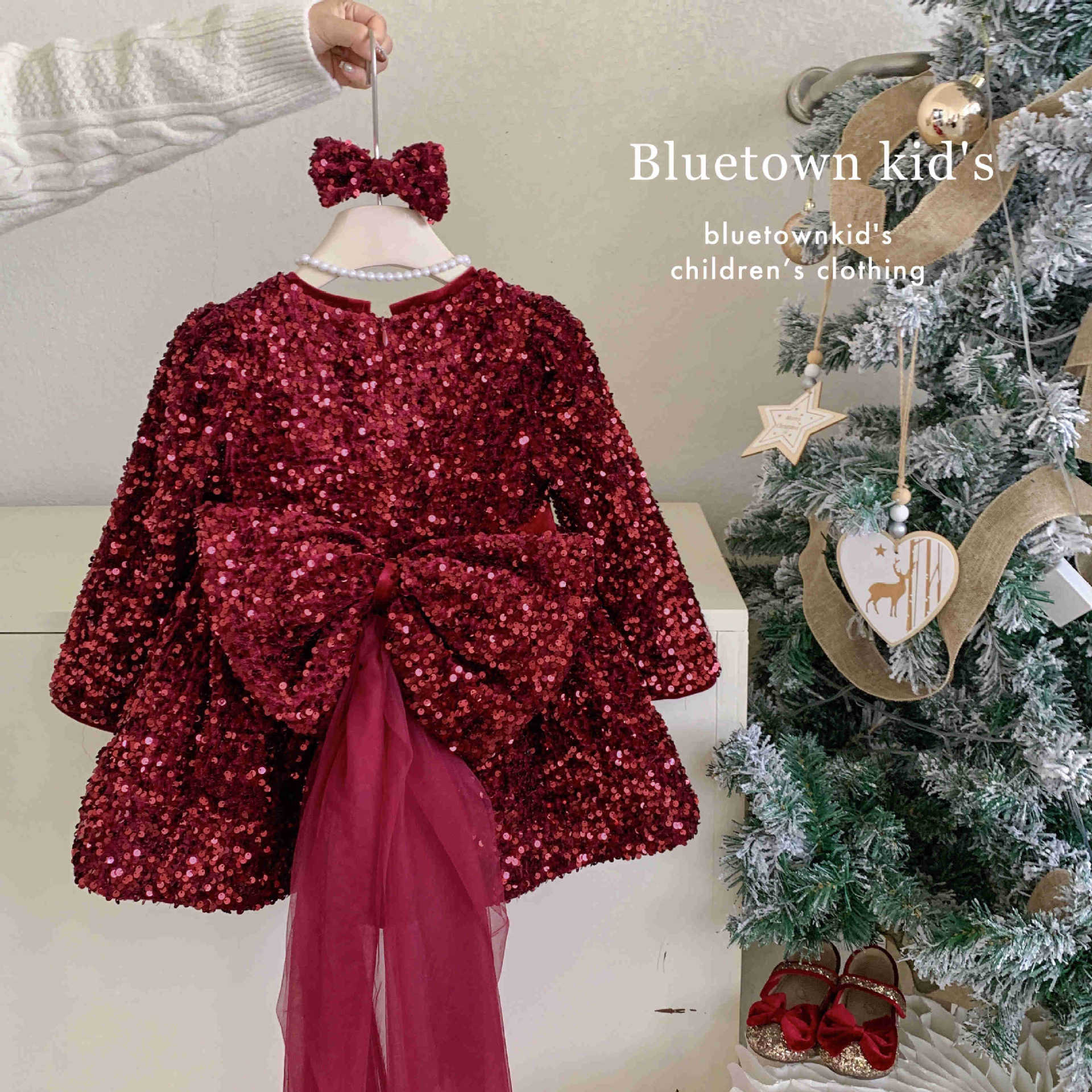 秋季爆闪亮片裙女童公主裙重工小女孩生日裙蝴蝶结拖尾网纱小礼服